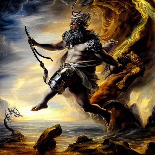 Image similar to mythological Odin all father god of thunder and artificial intelligence creating an artificial neural network with dark yellow synapses on an anvil, high resolution, award winning art, trending on art station, sharp image, incredibly detailed, odin all father detailed character realistic painting, painting by peter paul rubens