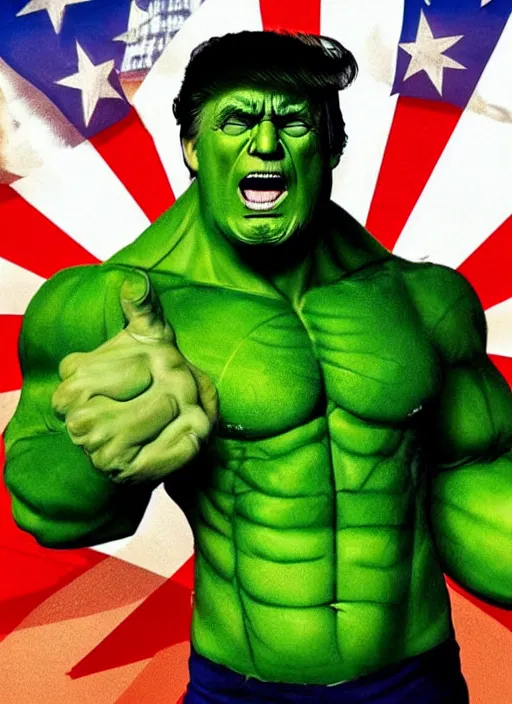 Image similar to donald trump as the hulk, green, superhero movie poster still, 4 k