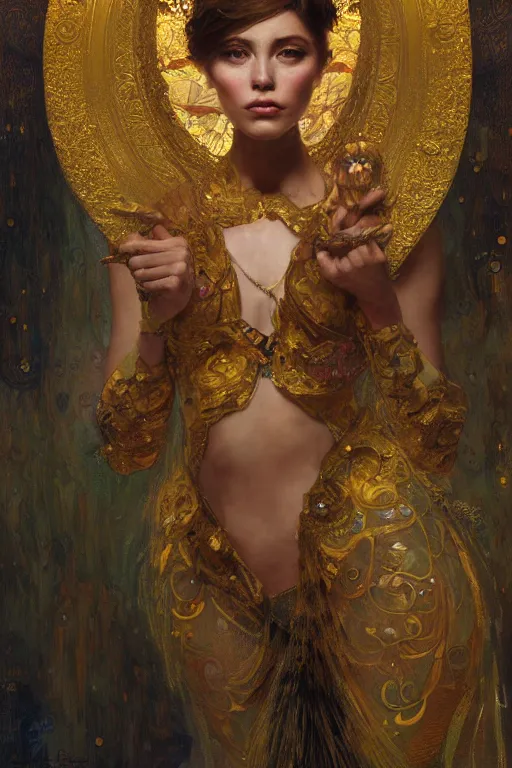 Image similar to an intricate painting of a beautiful young lady with an artistic sensual pose with klimt golden motives and textures, hyper detailed, ornamental gold headpiece, octane render, vivid colors, artstation, by jeremy mann, by alphonse mucha, by boris vallejo