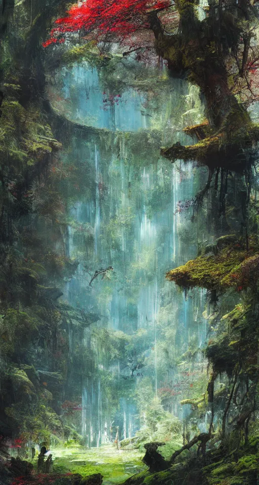 Image similar to ancient forest, moss, waterfall, intricate, vivid colors, brush strokes, elegant, highly detailed, richard schmid, john park, ruan jia, jeffrey catherine jones