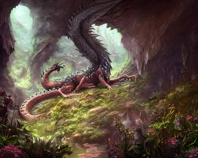 Image similar to Giant Dragon resting in a cave, natural light, dead plants and flowers, elegant, intricate, fantasy, atmospheric lighting, by Peter Morhbacher, anime styled art, HD, highly detailed