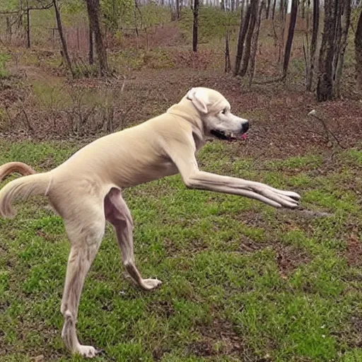 Prompt: trailcam footage of a deformed quadruped dog creature with scary pointy skinny limbs, uncanny valley, liminal, creepypasta, nightmare