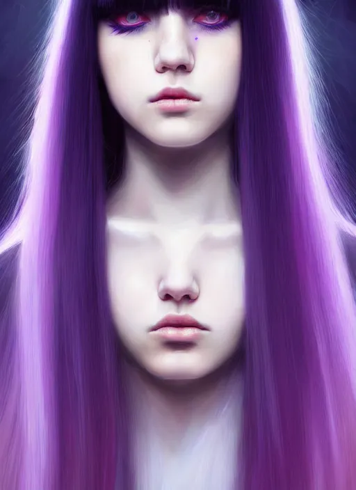 Image similar to hair whitebangs hair, black hair, whitebangs, portrait of teenage girl with white bangs, red irises, purple clothes, white bangs, bangs are different color from hair, intricate, elegant, glowing lights, highly detailed, digital painting, artstation, concept art, smooth, sharp focus, illustration, art by wlop, mars ravelo and greg rutkowski