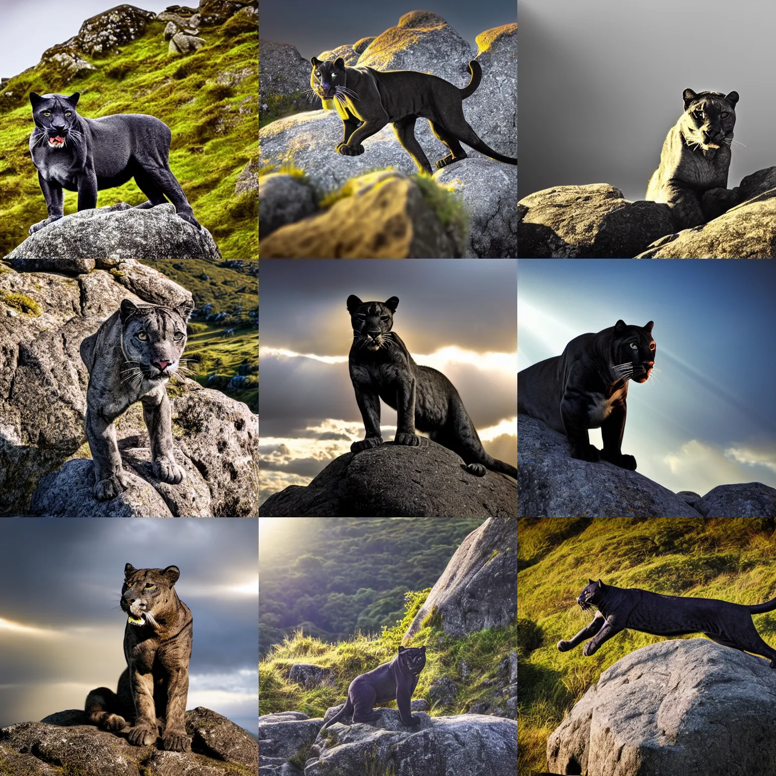 Prompt: a panther on a granite rock outcrop in dartmoor national park, dramatic lighting, god rays, cinematic