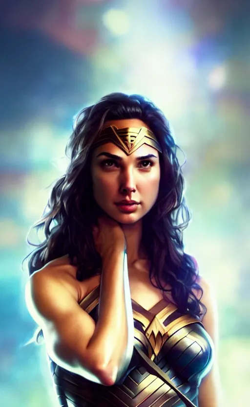 Image similar to gal gadot, hero pose, medium shot, bokeh, beautiful face!!!!, cg animation, lifelike, animated, realistic, character select portrait, by artgerm, greg rutkowski, alphonse mucha, 3 d