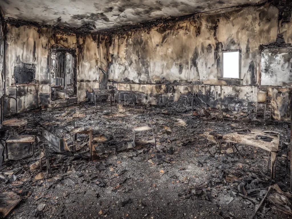 Prompt: burnt out building, interior shot, canon, award winning!!, no fire, no smoke, photography, realism, dslr photo, 8 k, journalism