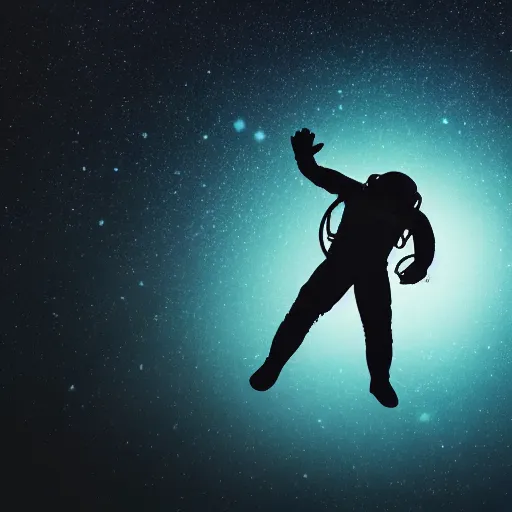 Image similar to astronaut silhouette with arms extended forward, bottom of arms lit by light coming from off camera, light coming from below, starry sky background, lit from below, full body photo,, 8 k