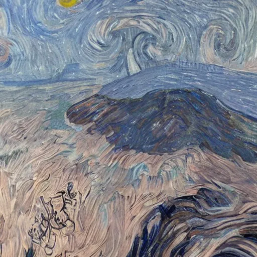 Image similar to a painting of a starry night over a martian cooling by vincent van gogh, featured on pixiv, futurism, sci - fi, post - impressionism, impressionism, painterly, detailed painting