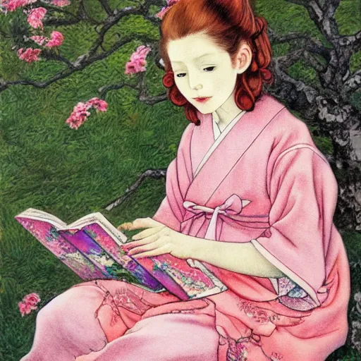 Image similar to beautiful little girl with long curly red hair dressed in a pink kimono and sitting next to a tree while reading a book, artwork made by ayami kojima, inspired in balthus, anatomically correct, higher details, realistic