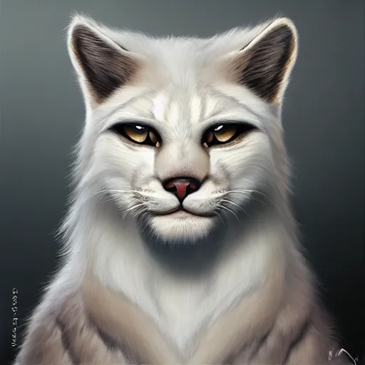 Prompt: beautiful realistic portrait of white anthropomorphic lynx cat by artgerm, furry fantasy art