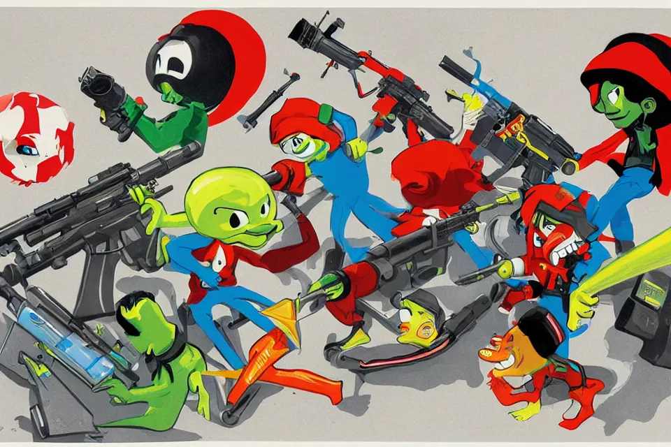 Prompt: 3 concept illustrations supersoaker water guns, by jamie hewlett