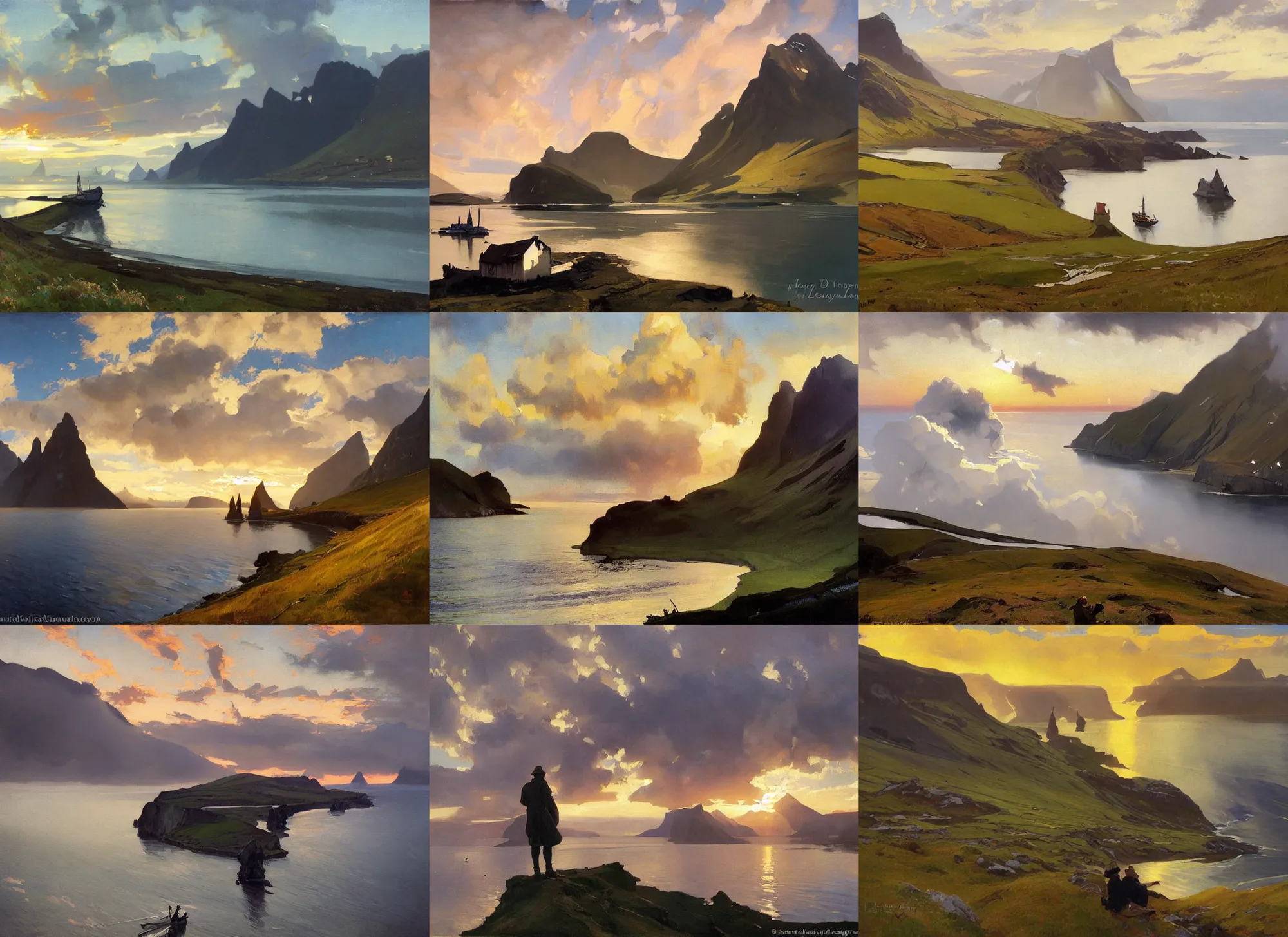 Image similar to painting by sargent leyendecker and gurney, rhads, vasnetsov, savrasov levitan polenov, middle ages, sunset sinrise, above the layered low clouds big lake wide river travel path road to sea bay view faroe azores photo of lofoten overcast