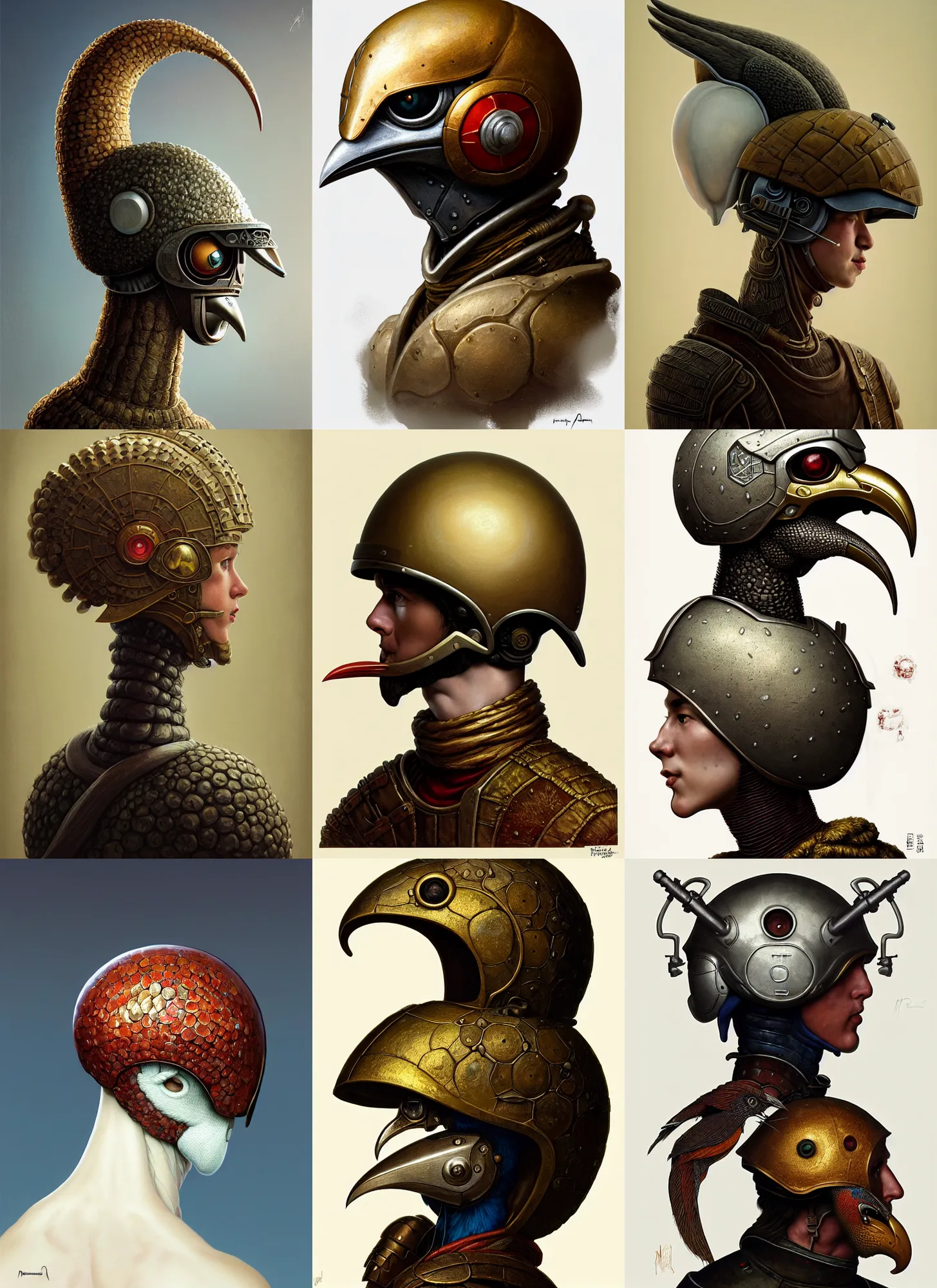 Prompt: rpg! profile! portrait of a fungus humanoid bird on white background, beak, helmet, intricate, highly detailed, digital painting, artstation, concept art, smooth, sharp focus, illustration, art by norman rockwell emiliano ponzi andrey remnev yoann lossel john currin aaron jasinski ivan albright hsiao - ron cheng, 8 k