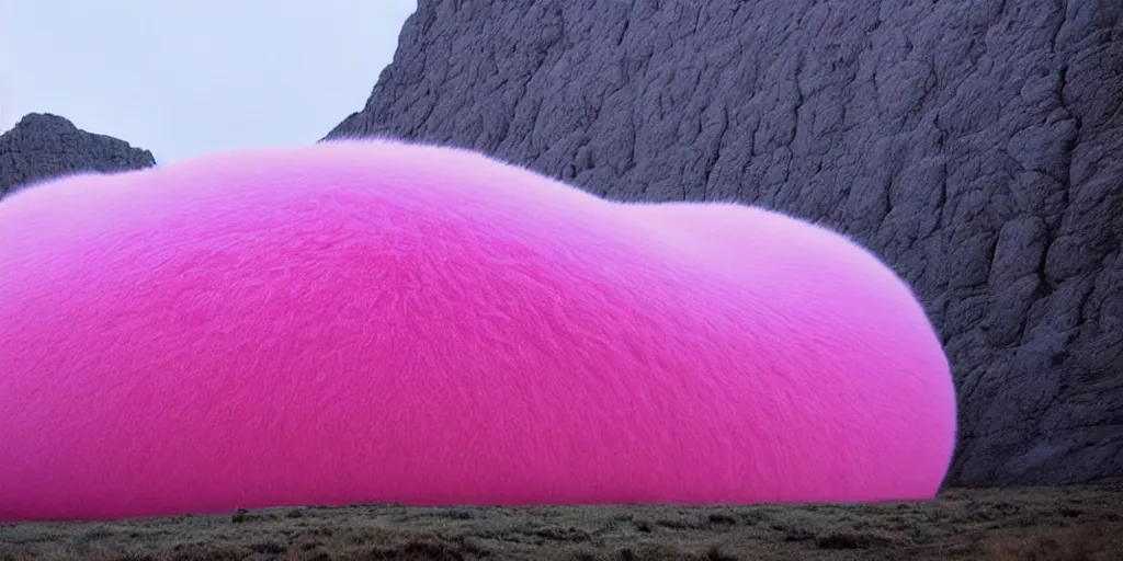 Image similar to a strange huge translucent pvc inflated organic architecture building with pink fluffy fur inside by anish kapoor sits in the rock mountains, film still from the movie directed by denis villeneuve with art direction by zdzisław beksinski, close up, telephoto lens, shallow depth of field