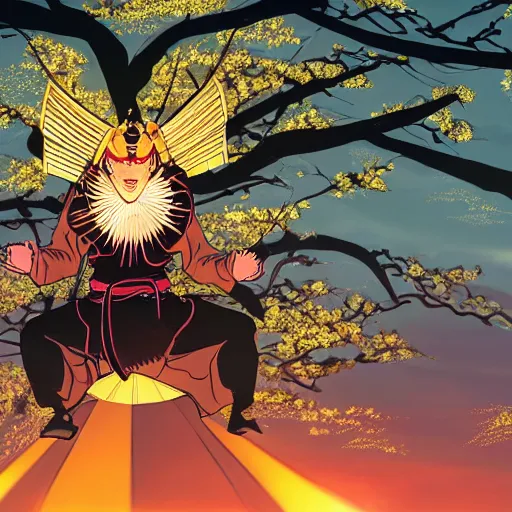 Image similar to a samurai with black demon wings flying towards a tree god rays are shining on him and the tree