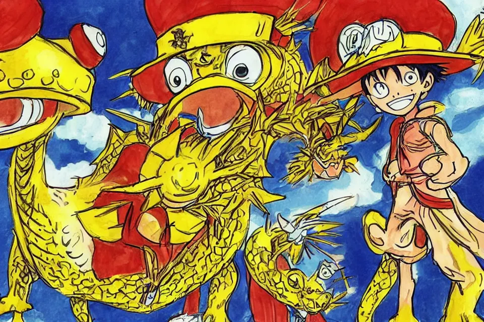 Image similar to concept sketches of a young luffy riding wearing a gold crown riding a large dragon by jamie hewlett, in the style of megaman