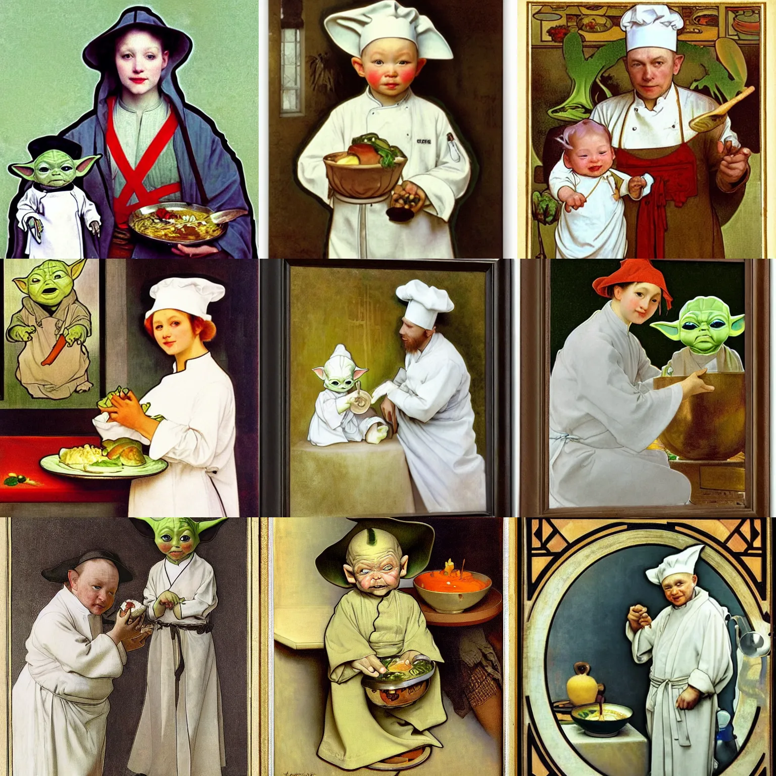 Image similar to baby yoda as a chef wearing a white apron and wearing a white chef's hat, by Jan van Eyck, by alphonse mucha