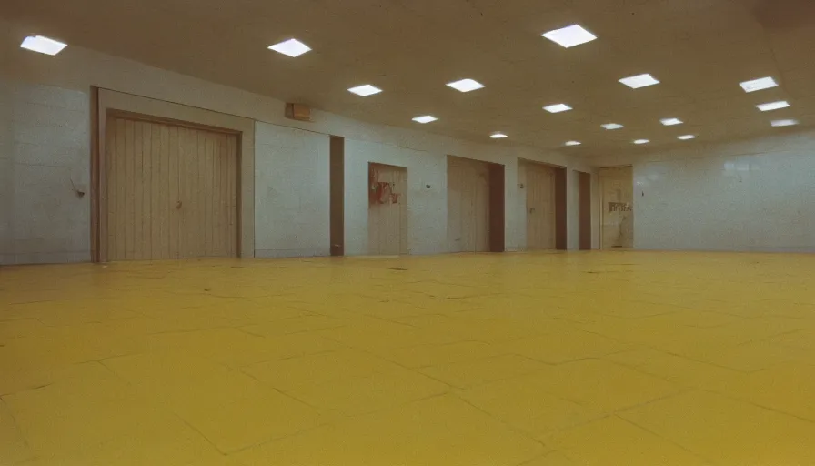 Image similar to 60s movie still of a sovietic stalinist style empty hall with yellow tiles and non-separate toilets, cinestill 800t 50mm eastmancolor, liminal Space style, heavy grain-s 150