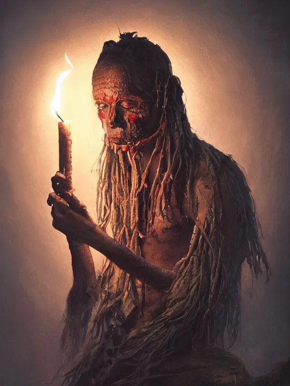 Image similar to fine painting of a death shaman from an ancient culture with mushrooms growing from his body, candlelight, 8 k, ultra realistic, lens flare, atmosphere, glow, detailed, intricate, full of colour, cinematic lighting, trending on artstation, 4 k, hyperrealistic, focused, extreme details, unreal engine 5, cinematic, masterpiece