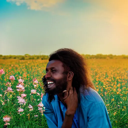 Prompt: a somali man with long hair in a vast field of flowers, relaxing, wide shot, golden hour, vintage, impressionist painting, fine art, oil painting, dreamy, pastel, laughing, happy, intricate details, sharp, peaceful, serene