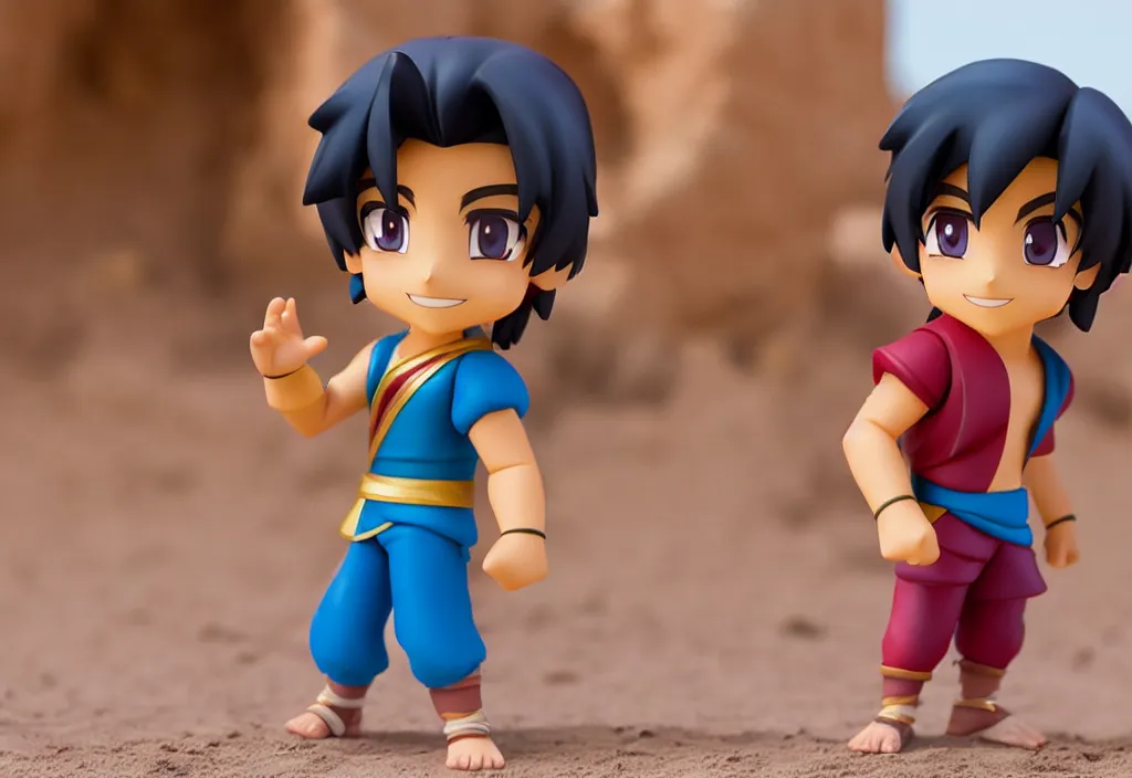 Image similar to side view of young aladdin as nendoroid running in desert village, 8 k hd dof, kodak film,