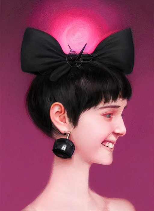 Image similar to portrait of teenage girl, realistic, black hair, bangs, half updo hairstyle, pointy nose, skinny, smile, ugly, defined jawline, big chin, pink hair bow, earrings, intricate, elegant, glowing lights, highly detailed, digital painting, artstation, sharp focus, illustration, art by wlop, mars ravelo and greg rutkowski