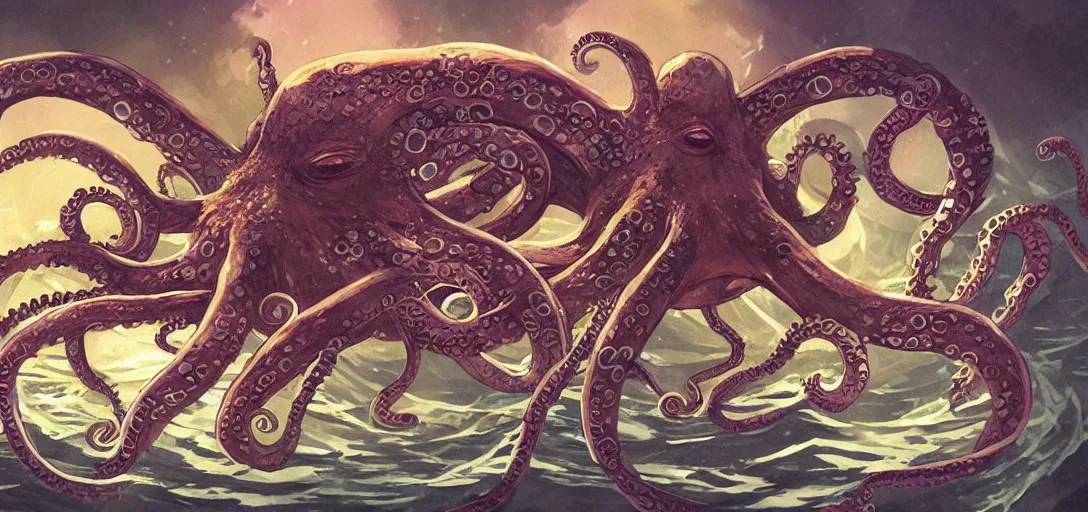 Image similar to concept art of octopus attack, lovecraftian, lots of teeth, melting horror, fighting the horrors of the unknown with laser guns