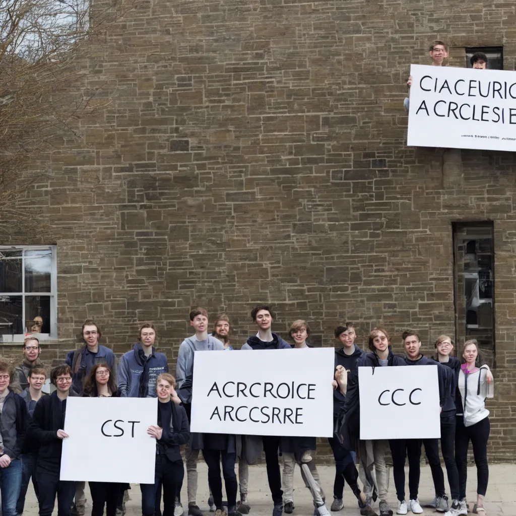 Prompt: a group of students stand in front of the cambridge architecture studio by mole architects, holding a sign with the words ARCSOC 2022–23