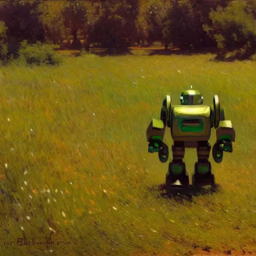 Prompt: detailed cinematic wide shot of a bad robot in a green field, cute, ultra realistic, spring light, painting by gaston bussiere, craig mullins, j. c. leyendecker