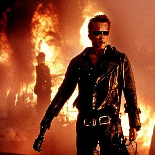 Prompt: A still of The Terminator in Pirate's of the Caribbean movie