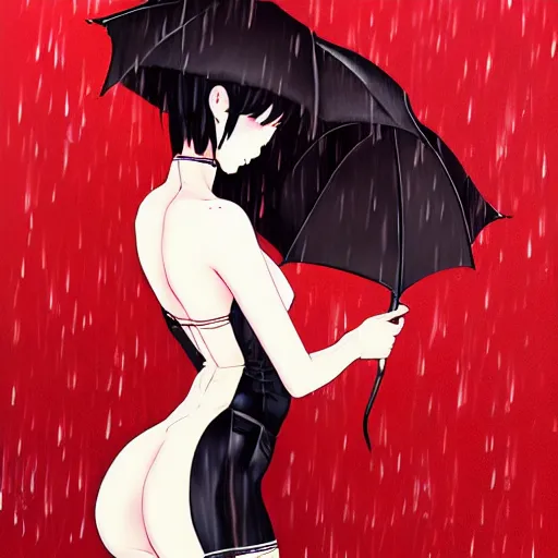 Prompt: seductive female dullahan, in the rain, highly detailed, painting, dark red and black color palette, intricate, high quality anime artstyle, in the style of ilya kuvshinov