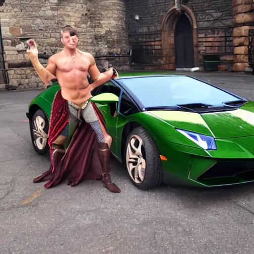 Image similar to archer from medieval times sitting on top of a lambo