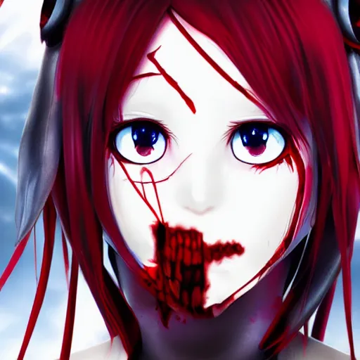 Image similar to anime girl with blood running down her face, heavy metal album cover, 3 d rendered, red eyes, white haired, horn on head, cute