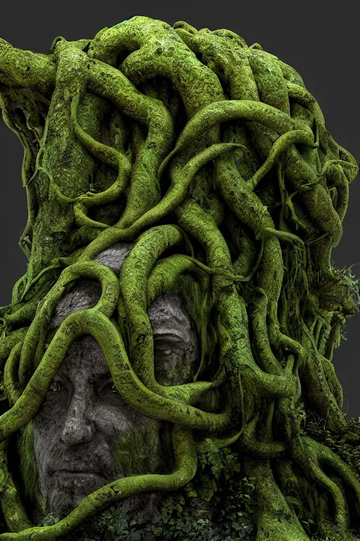 Prompt: giant medusa head of stone, mossy stone, deep jungle, octane render, unreal engine, trending on artstation, ultra detailed, realistic, cinematic lighting, astmopheric, 8 k