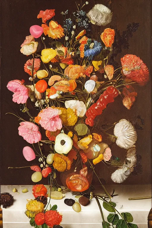 Prompt: still life of a bouquet of flowers made of gummy bears and jelly beans, rubbery translucent sweets, highly detailed, close up, Northern Renaissance