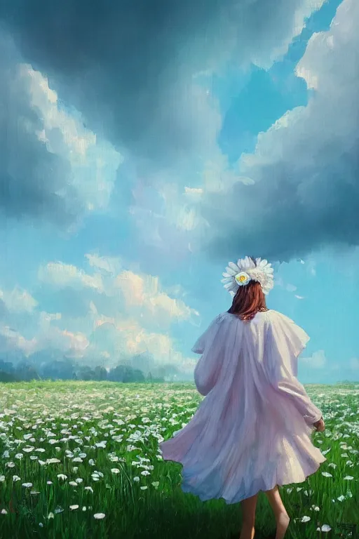 Image similar to giant white daisy flowers over head veil, girl walking in a flower field, surreal photography, sunrise, dramatic light, impressionist painting, colorful clouds, digital painting, artstation, simon stalenhag