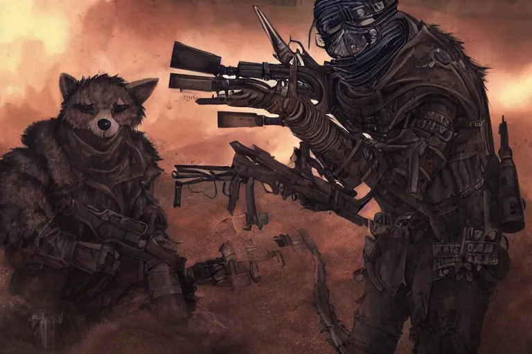 Prompt: a fursona ( from the furry fandom ), heavily armed and armored facing down armageddon in a dark and gritty version from the makers of mad max : fury road. witness me.