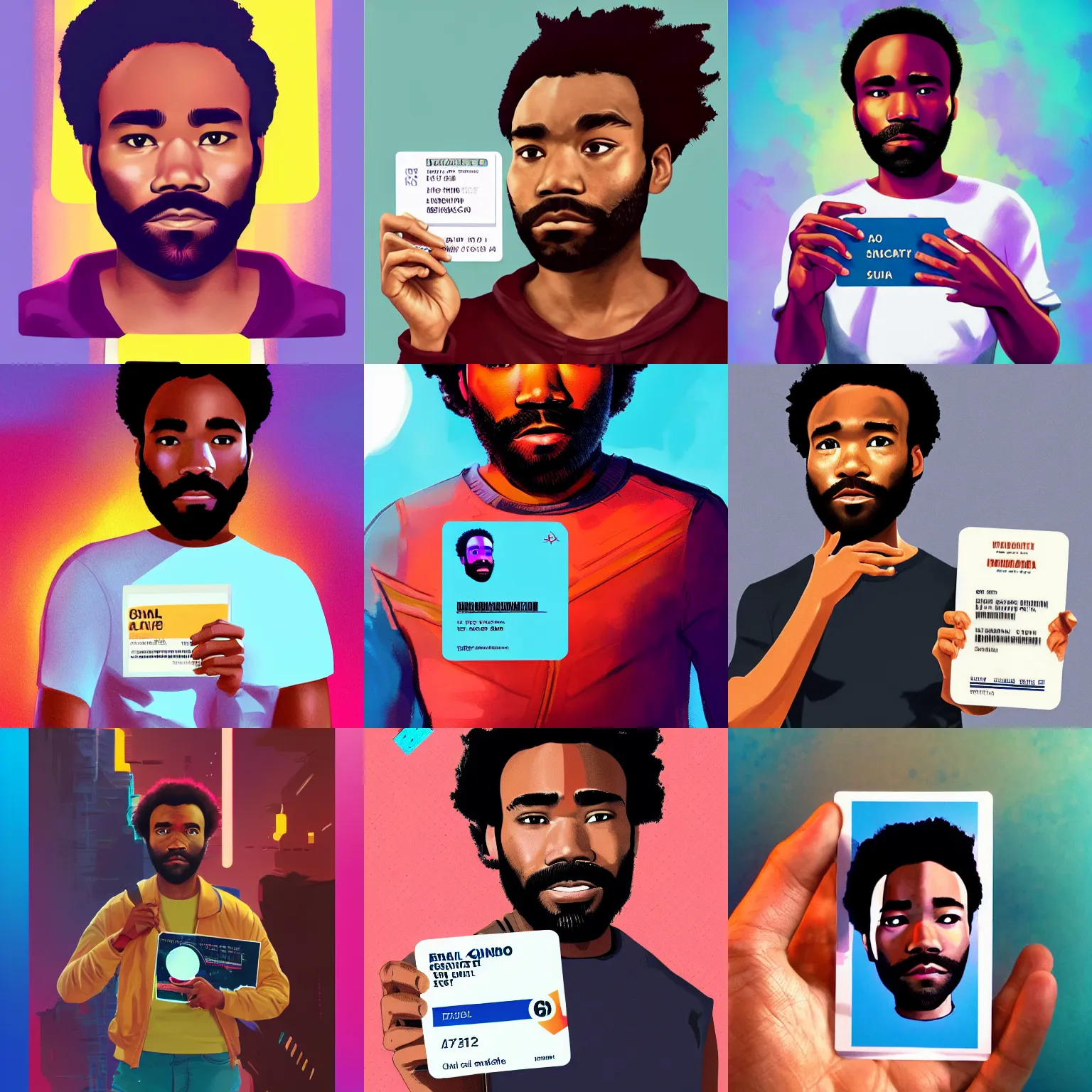 Prompt: a Donald Glover holding a ID card in his hand, short buzzcut hair, a character portrait, synthwave by art artgerm, cg society contest winner, shock art, sci-fi, artstation hq, speedpainting