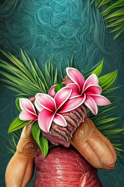 Image similar to ultra realistic illustration, portrait of fatty prime rib, plumeria tropical bouquet background, close up shot, fantasy, intricate, elegant, highly detailed, digital painting, artstation, concept art, smooth, sharp focus, illustration, surrealism