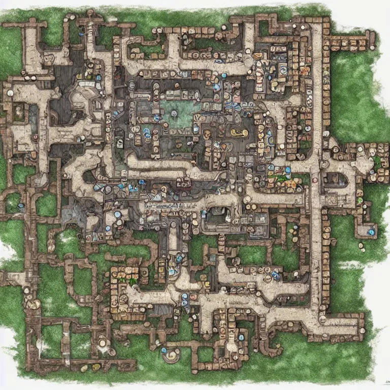 Prompt: full - color fantasy floor plan map of a dungeon, d & d, pathfinder, by jeff todd and greg rutkowski, trending on artstation, pinterest