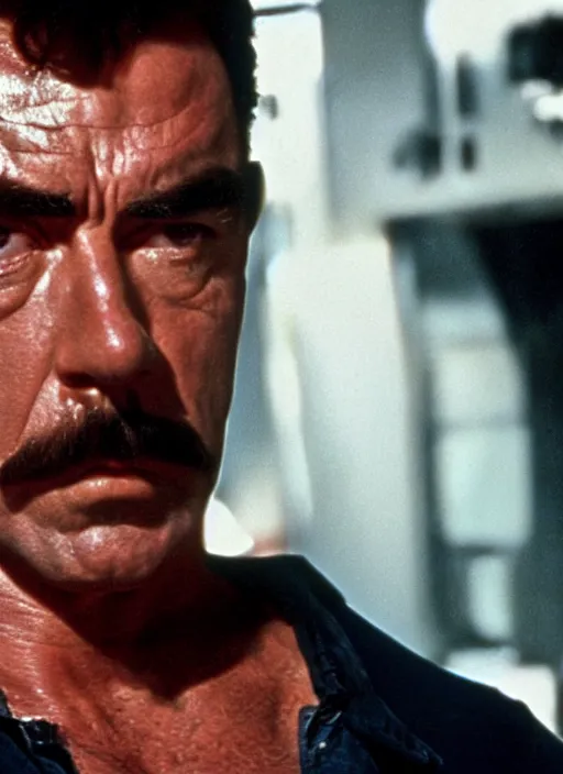 Prompt: film still of tom selleck as the terminator in terminator, 4 k