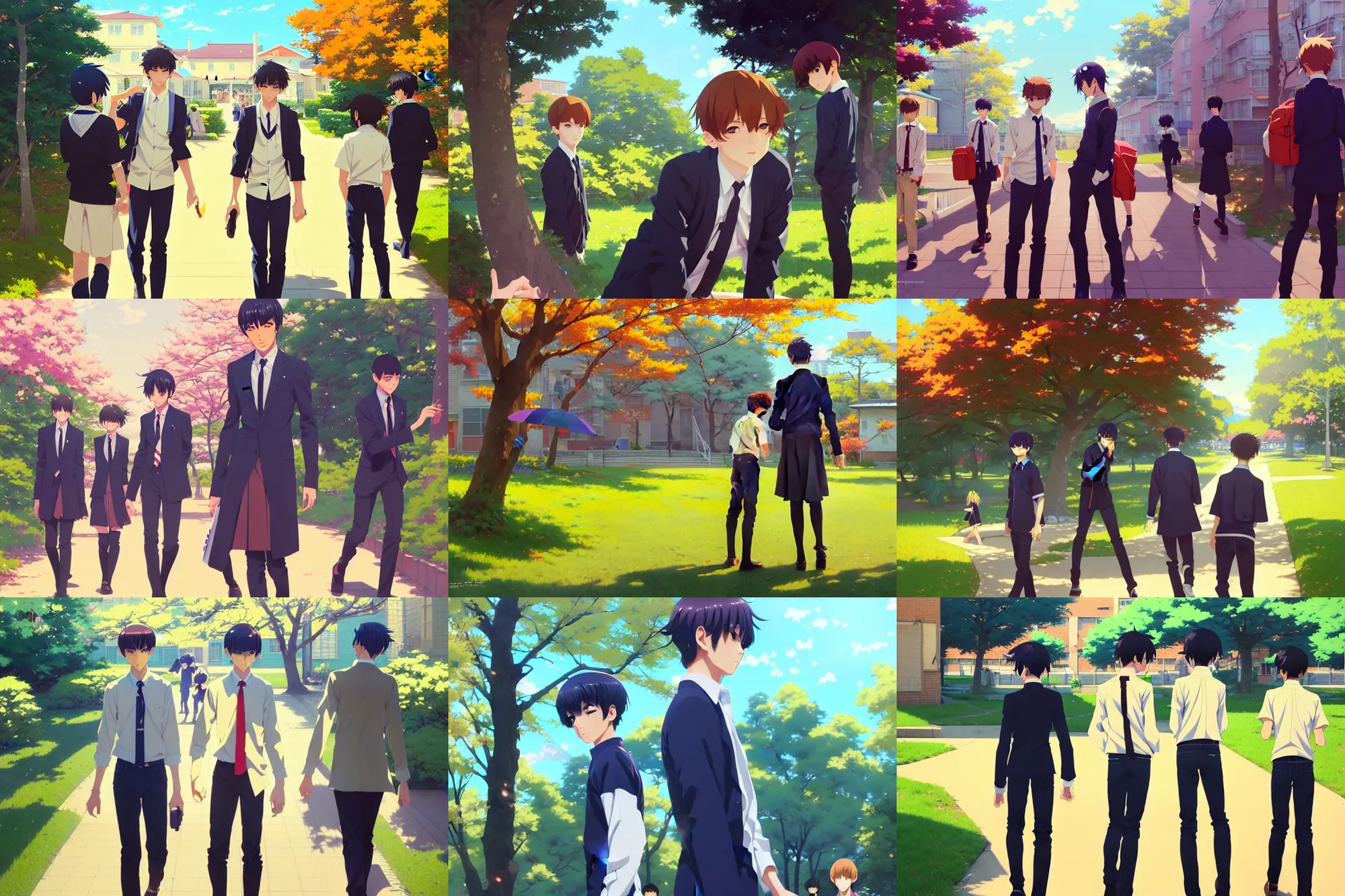 Image similar to boy's love anime high school spring noon scene, high detail concept art, perfect proportions fine face, tall handsome guys, close together romantic undertones, avant designer uniform, vivid colors, realistic shaded lighting poster fantasy art ilya kuvshinov, kyoani, katsuhiro, jeremy lipking and michael germash, makoto shinkai, loish, best selling artist