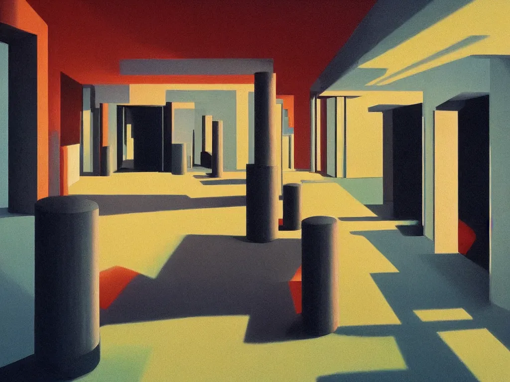 Prompt: primal colors minimalist industrial interior hallway with monolithic pillars in the style of ridley scott and stanley kubrick, impossible stijl architecture, science fiction, colorful bright silhouettes in the distance, ultra wide angle view, cinematic, god rays, volumetric lighting, neo tokyo, realistic detailed painting by edward hopper