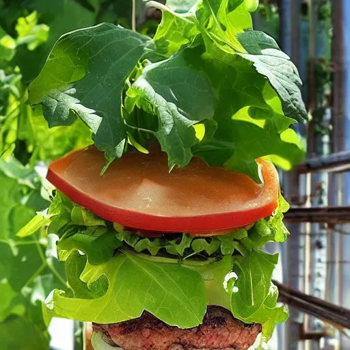 Image similar to look at this new plant, it grows fresh hamburgers and cheeseburgers right on the vine, brimming with a fresh crop of burgers growing on this burger plant