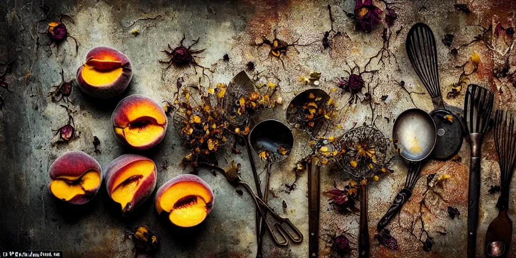 Prompt: decaying rotting peaches, moldy, on an antique distressed table top, dried flowers, metal kitchen utensils, old kitchen backdrop, dark kitchen, style by peter lippmann, intricate detail,