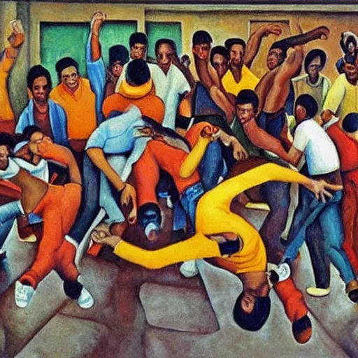 Prompt: oil painting of breakdancers battling in the bronx in 1984, by Diego Rivera, vibrant, energetic