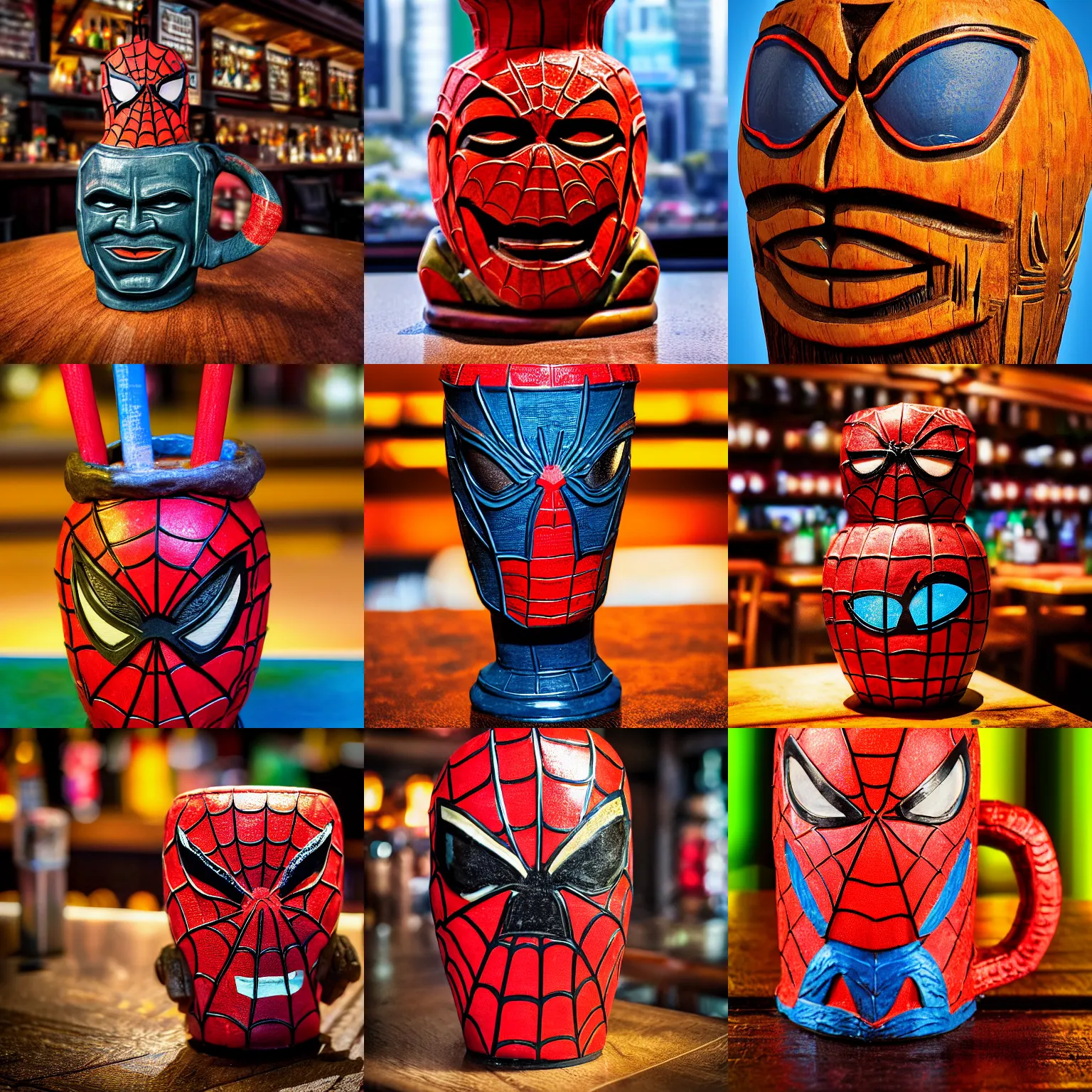 Prompt: a closeup photorealistic photograph of a spider man style tiki mug sitting at a trader vic's bar featuring the face of spider man. tiki theme. bright scene. fine detail. this 4 k hd image is trending on artstation, featured on behance, well - rendered, extra crisp, features intricate detail, epic composition and the style of unreal engine.