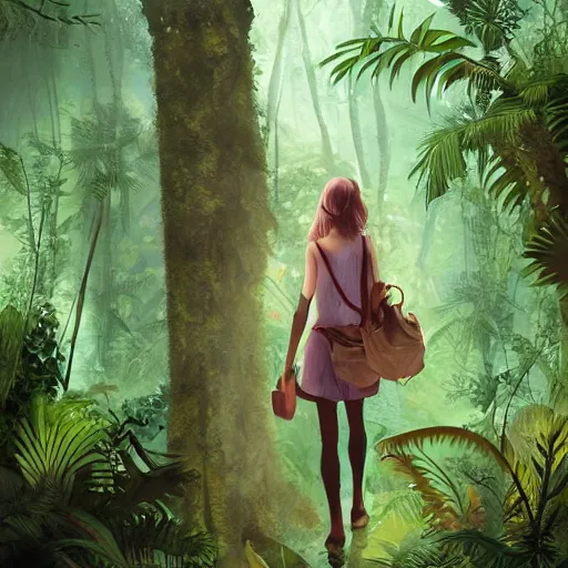 Prompt: girl traveling in a very dense rainforest,artstation