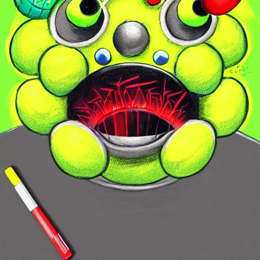 Image similar to a tennis ball monster ,tennis ball, chalk, digital art, fantasy, magic, trending on artstation, ultra detailed, professional illustration by Basil Gogos