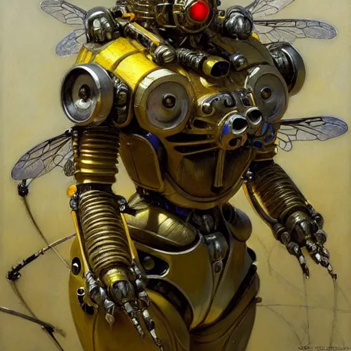 Prompt: highly detailed robot in the form of a bee, art by donato giancola, eugene delacroix, ruan jia, carl larsson, peter mohrbacher. trending on artstation, intricate details, energetic composition,, concept art, illustration, elegant art, global illuminaition